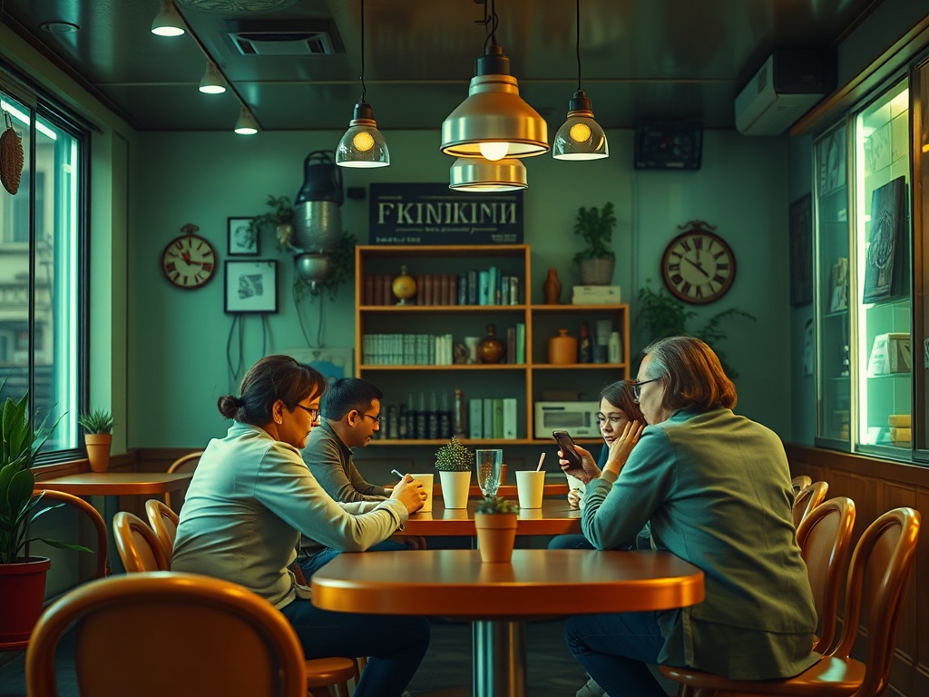 A cozy café scene with four people seated at a wooden table, engaging in conversation and using their phones.