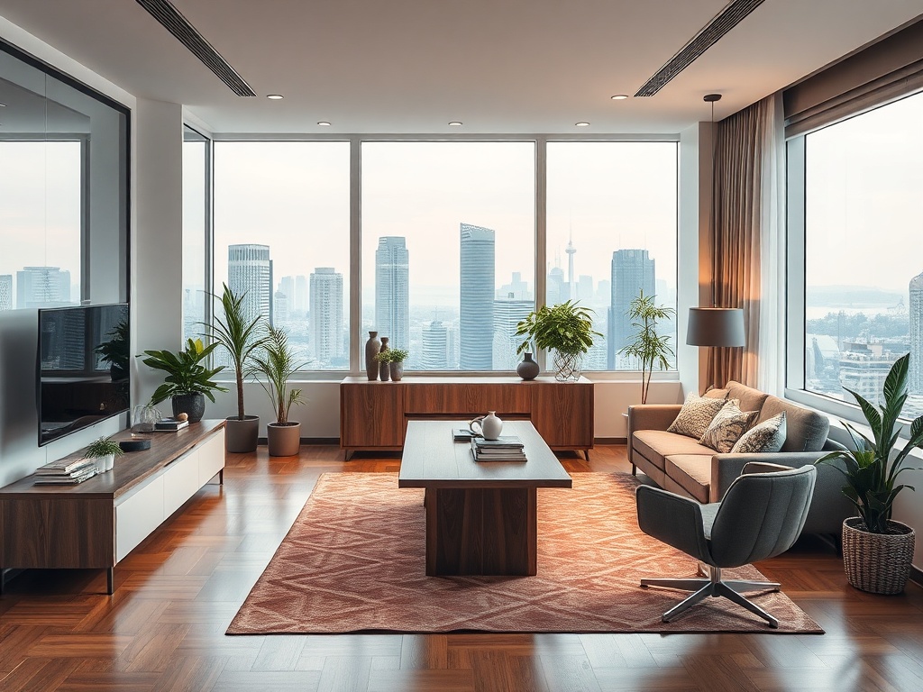 A modern living room with panoramic city views, stylish furniture, plants, and warm wooden flooring.